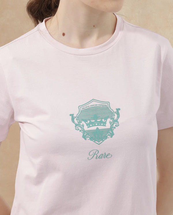 Rareism Women Fila Pastel Pink Cotton Elastane Fabric Crew Neck Knit Solid T-Shirt