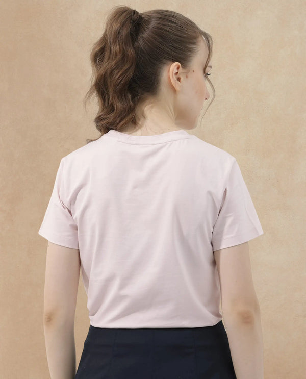 Rareism Women Fila Pastel Pink Cotton Elastane Fabric Crew Neck Knit Solid T-Shirt