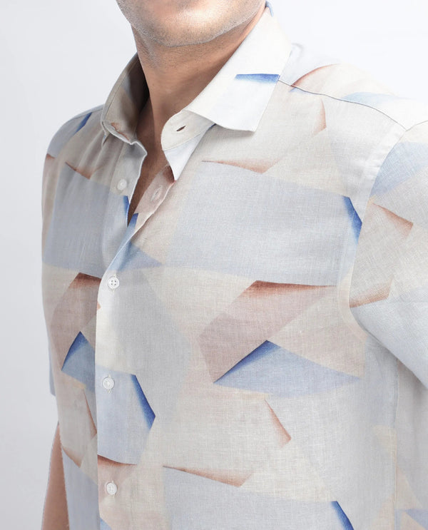 Rare Rabbit Men Fing Beige Cotton Fabric Half Sleeve Spread Collar Button Closure Abstract Print Shirt
