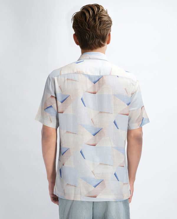 Rare Rabbit Men Fing Beige Cotton Fabric Half Sleeve Spread Collar Button Closure Abstract Print Shirt