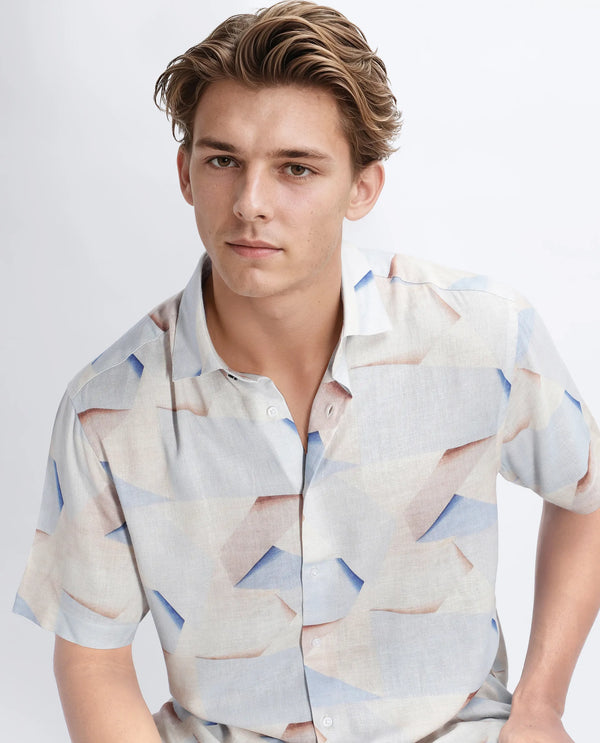 Rare Rabbit Men Fing Beige Cotton Fabric Half Sleeve Spread Collar Button Closure Abstract Print Shirt