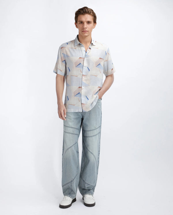 Rare Rabbit Men Fing Beige Cotton Fabric Half Sleeve Spread Collar Button Closure Abstract Print Shirt
