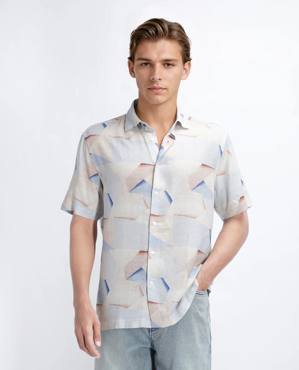 Rare Rabbit Men Fing Beige Cotton Fabric Half Sleeve Spread Collar Button Closure Abstract Print Shirt
