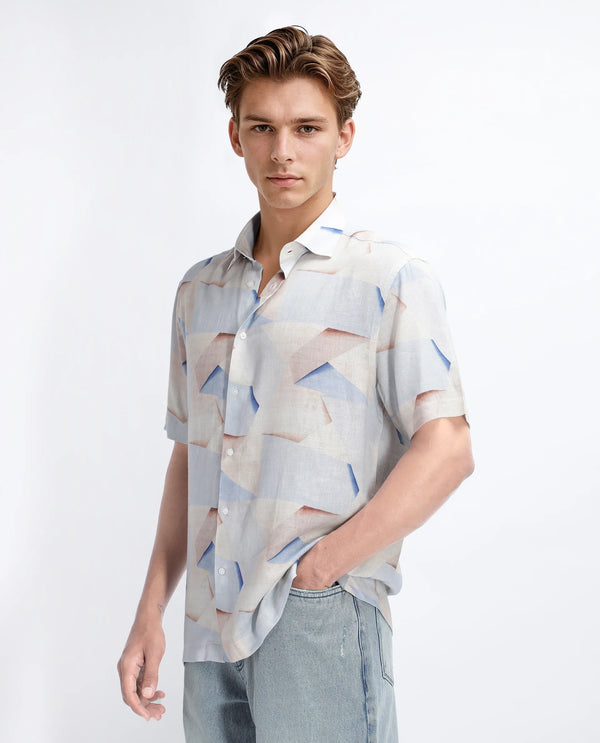 Rare Rabbit Men Fing Beige Cotton Fabric Half Sleeve Spread Collar Button Closure Abstract Print Shirt