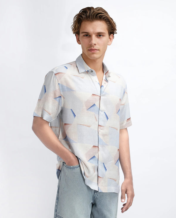 Rare Rabbit Men Fing Beige Cotton Fabric Half Sleeve Spread Collar Button Closure Abstract Print Shirt