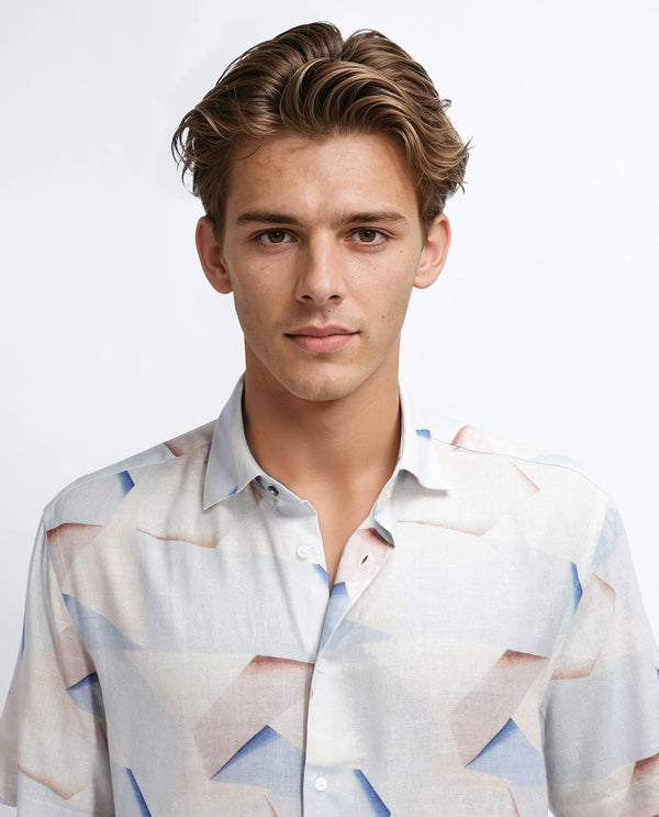Rare Rabbit Men Fing Beige Cotton Fabric Half Sleeve Spread Collar Button Closure Abstract Print Shirt