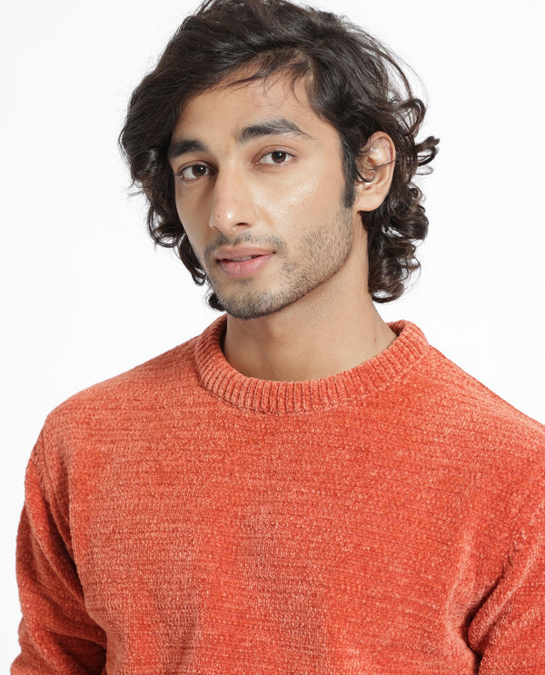 Rare Rabbit Mens Finkle Orange Sweater Full Sleeve Crew Neck Solid