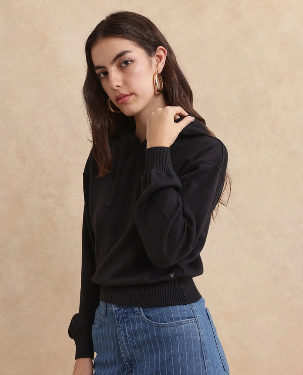 Rareism Women Finnet T Black Plain Hooded Plain Sweater