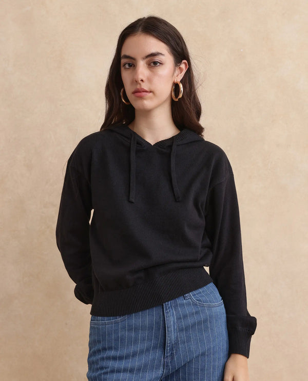 Rareism Women Finnet T Black Plain Hooded Plain Sweater