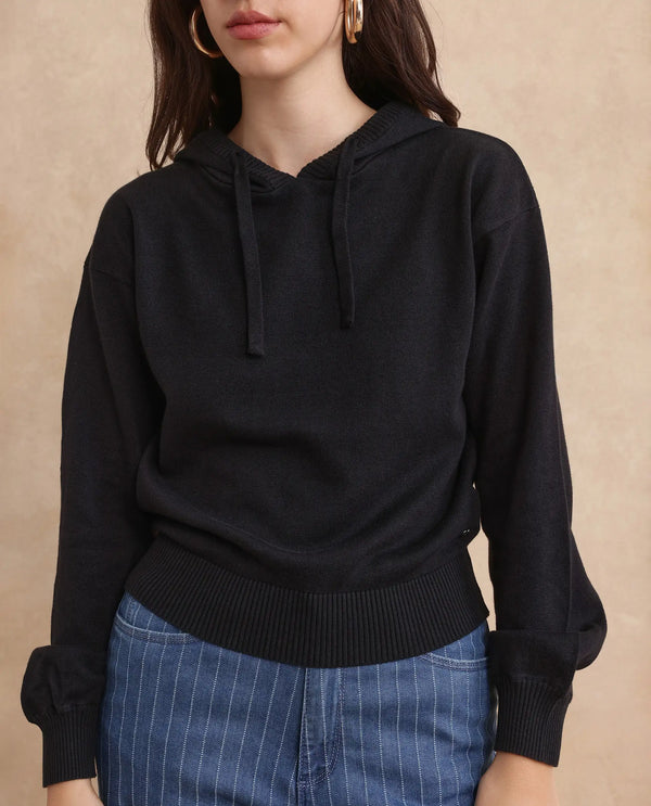 Rareism Women Finnet T Black Plain Hooded Plain Sweater