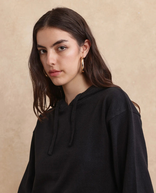 Rareism Women Finnet T Black Plain Hooded Plain Sweater