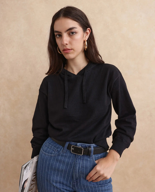 Rareism Women Finnet T Black Plain Hooded Plain Sweater