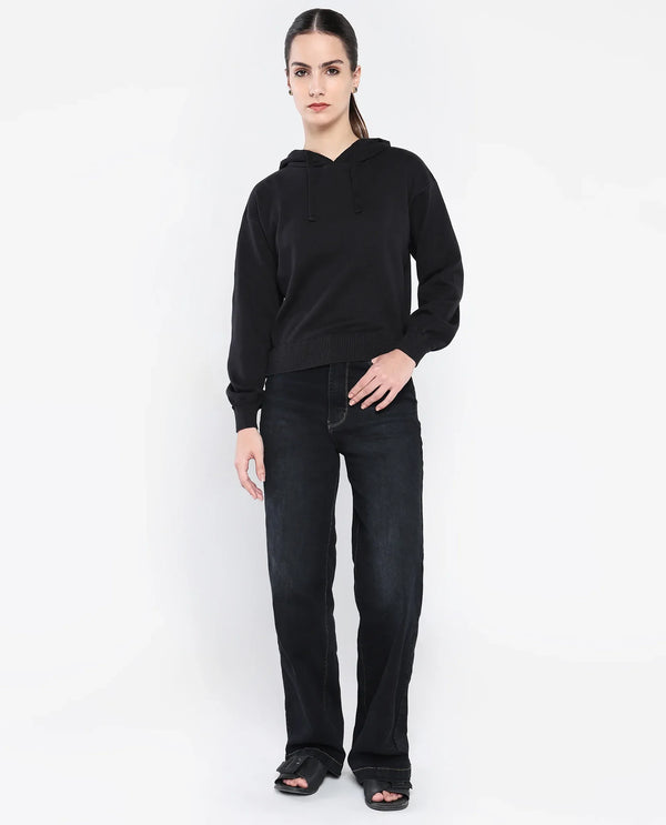 Rareism Women Finnet T Black Plain Hooded Plain Sweater