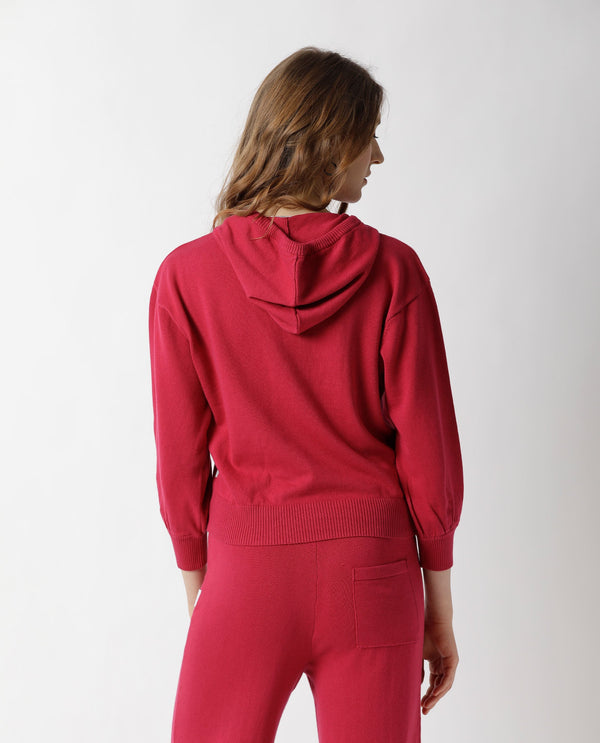 Rareism Women Finn Sweat Dark Pink Cotton Fabric Full Sleeves Relaxed Fit Solid Hooded Sweater