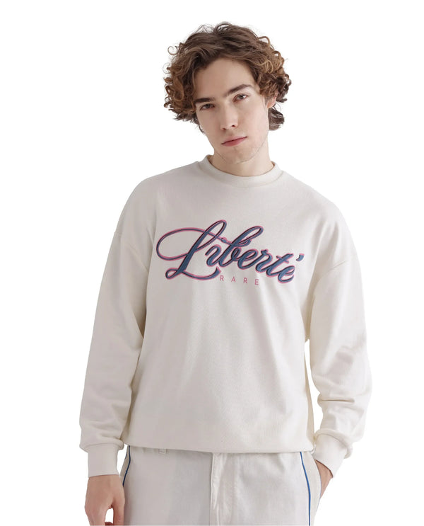 Rare Rabbit Men Fint Off White Cotton Blend Fabric Full Sleeve Boxy Fit Typography Print Sweatshirt