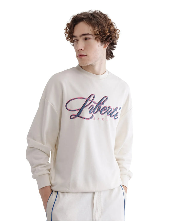 Rare Rabbit Men Fint Off White Cotton Blend Fabric Full Sleeve Boxy Fit Typography Print Sweatshirt
