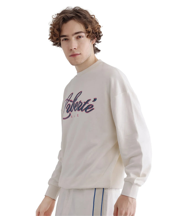 Rare Rabbit Men Fint Off White Cotton Blend Fabric Full Sleeve Boxy Fit Typography Print Sweatshirt