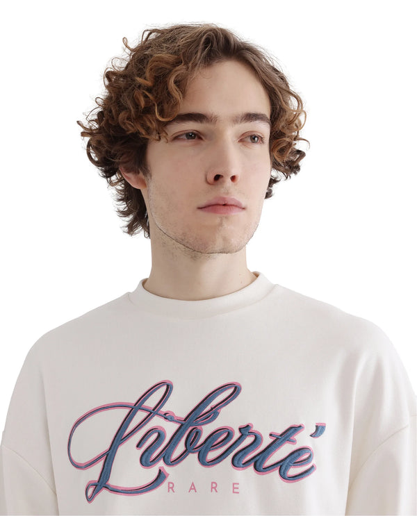 Rare Rabbit Men Fint Off White Cotton Blend Fabric Full Sleeve Boxy Fit Typography Print Sweatshirt