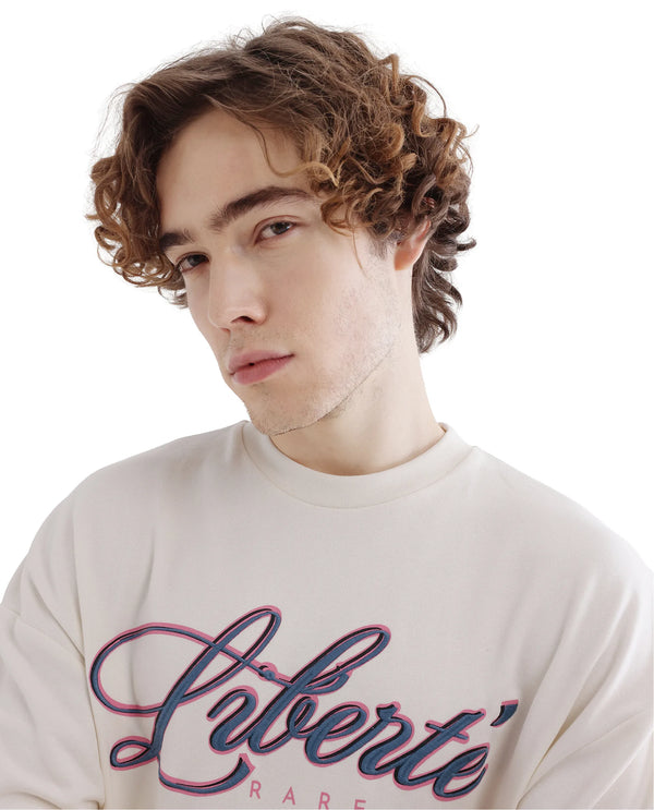 Rare Rabbit Men Fint Off White Cotton Blend Fabric Full Sleeve Boxy Fit Typography Print Sweatshirt