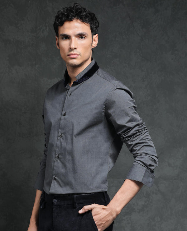 Rare Rabbit Men's Fritz Black Mandarin Collar Full Sleeves Solid Shirt
