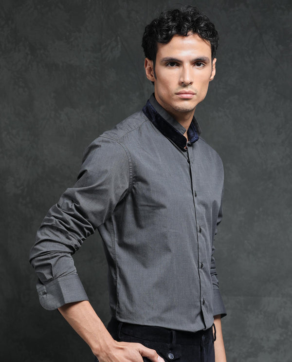 Rare Rabbit Men's Fritz Black Mandarin Collar Full Sleeves Solid Shirt