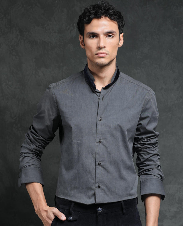 Rare Rabbit Men's Fritz Black Mandarin Collar Full Sleeves Solid Shirt