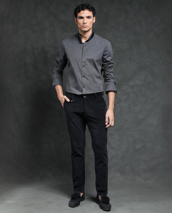 Rare Rabbit Men's Fritz Black Mandarin Collar Full Sleeves Solid Shirt
