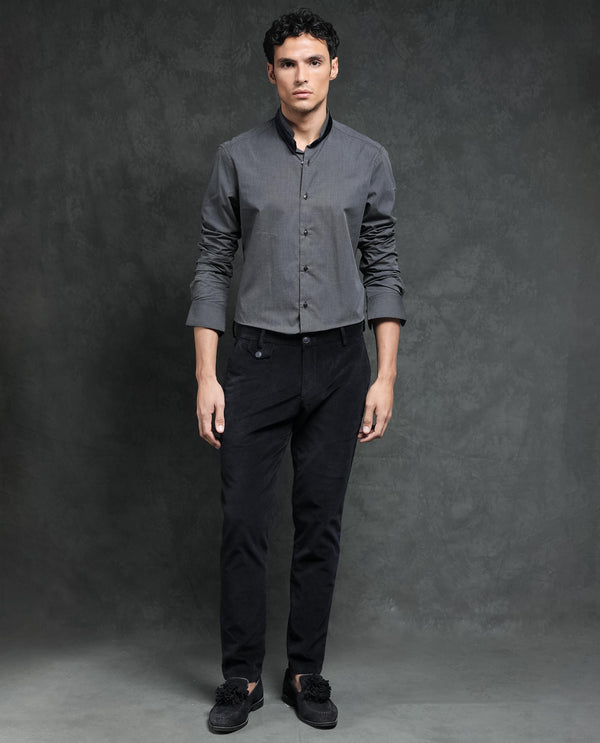 Rare Rabbit Men's Fritz Black Mandarin Collar Full Sleeves Solid Shirt