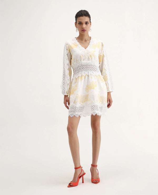 Rareism Women Fiscella Pastel Yellow Cotton Fabric Regular Sleeves V-Neck Abstract Print Regular Length Dress