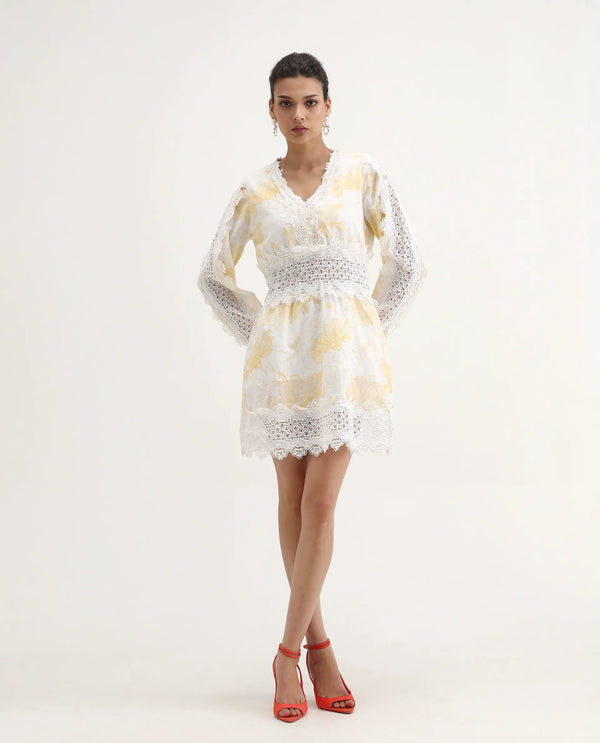 Rareism Women Fiscella Pastel Yellow Cotton Fabric Regular Sleeves V-Neck Abstract Print Regular Length Dress