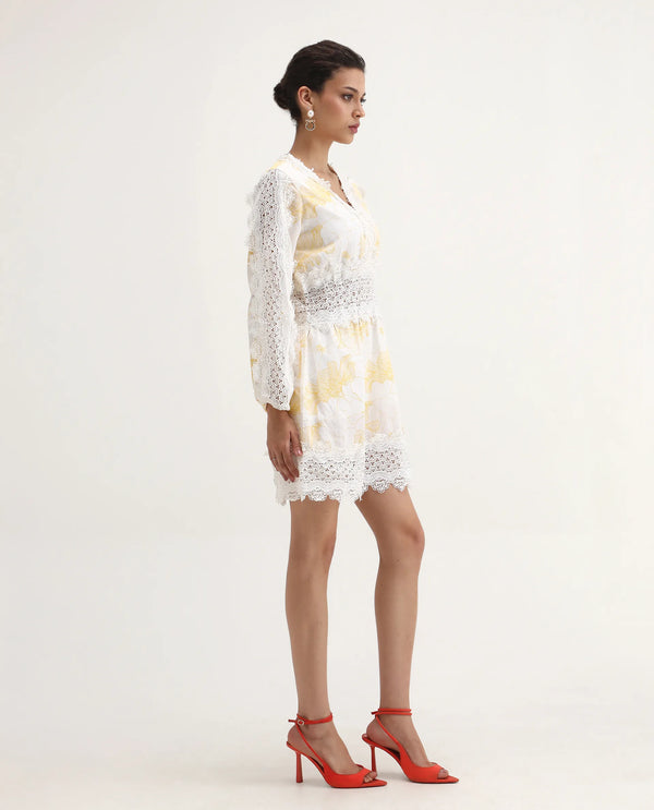 Rareism Women Fiscella Pastel Yellow Cotton Fabric Regular Sleeves V-Neck Abstract Print Regular Length Dress