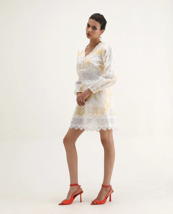 Rareism Women Fiscella Pastel Yellow Cotton Fabric Regular Sleeves V-Neck Abstract Print Regular Length Dress