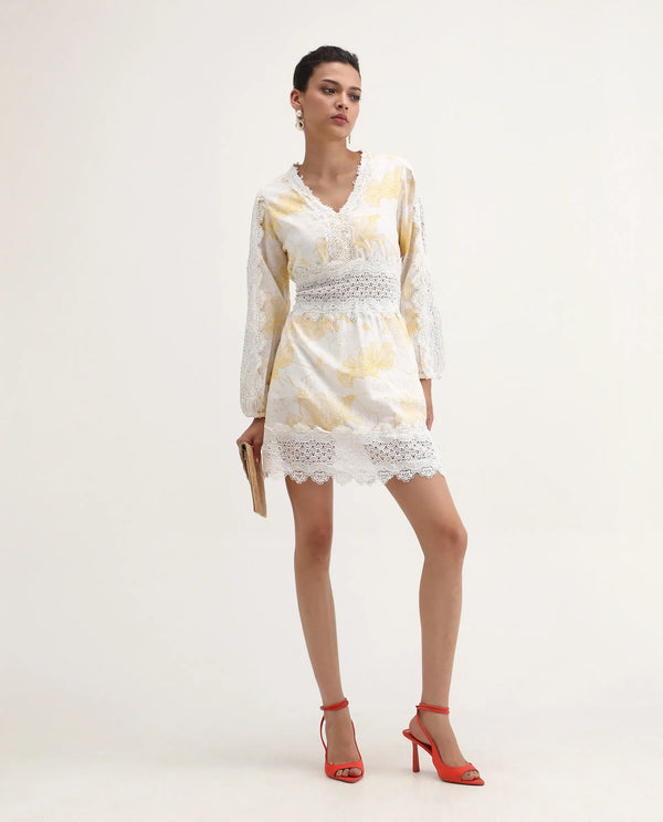 Rareism Women Fiscella Pastel Yellow Cotton Fabric Regular Sleeves V-Neck Abstract Print Regular Length Dress