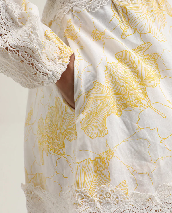 Rareism Women Fiscella Pastel Yellow Cotton Fabric Regular Sleeves V-Neck Abstract Print Regular Length Dress