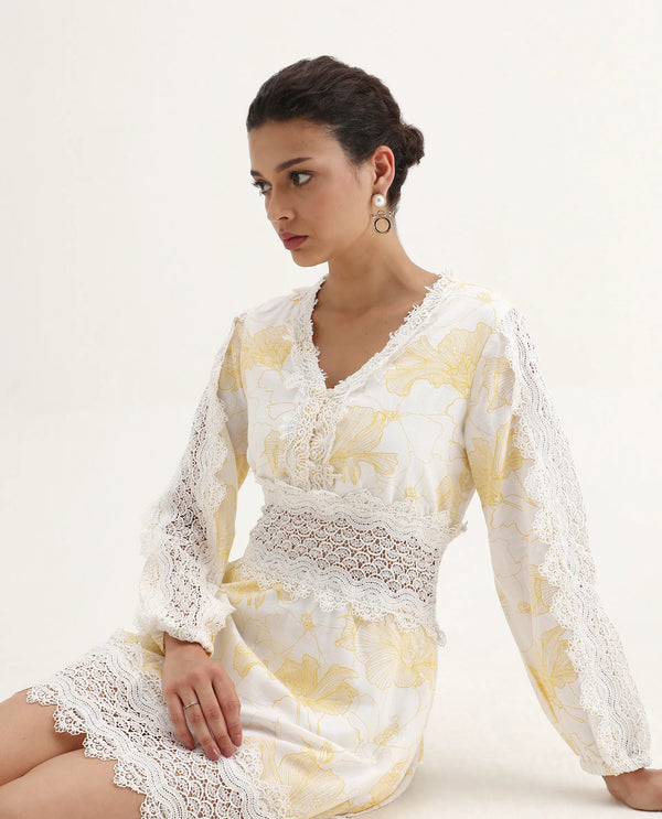 Rareism Women Fiscella Pastel Yellow Cotton Fabric Regular Sleeves V-Neck Abstract Print Regular Length Dress