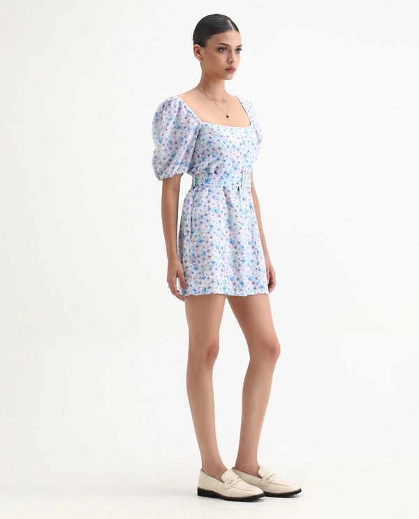 Rareism Women Fisto Purple Printed Square Neck Half Sleeves With Puff Fabric Waist Belt With Buckle Mini Dress