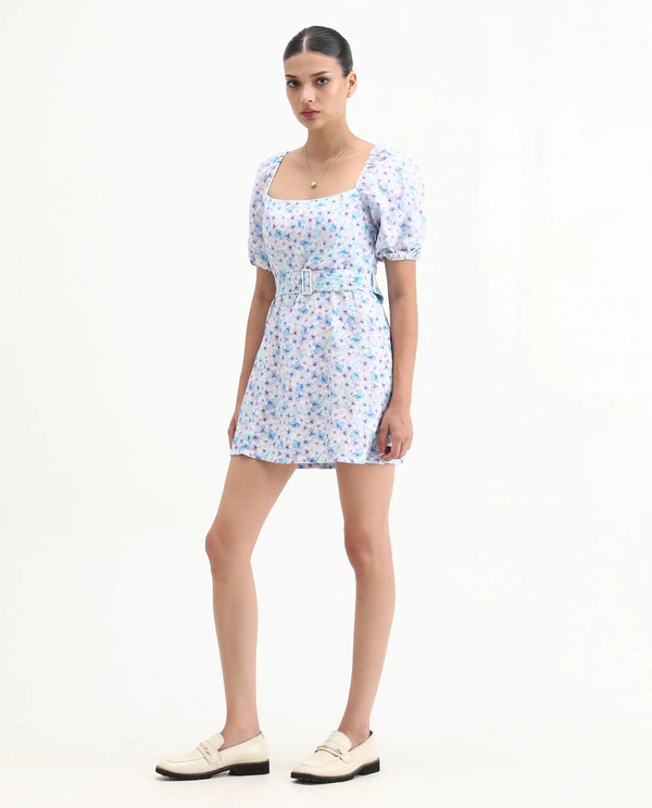 Rareism Women Fisto Purple Printed Square Neck Half Sleeves With Puff Fabric Waist Belt With Buckle Mini Dress