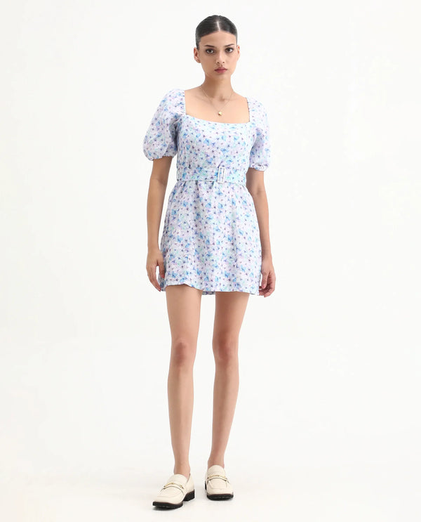 Rareism Women Fisto Purple Printed Square Neck Half Sleeves With Puff Fabric Waist Belt With Buckle Mini Dress