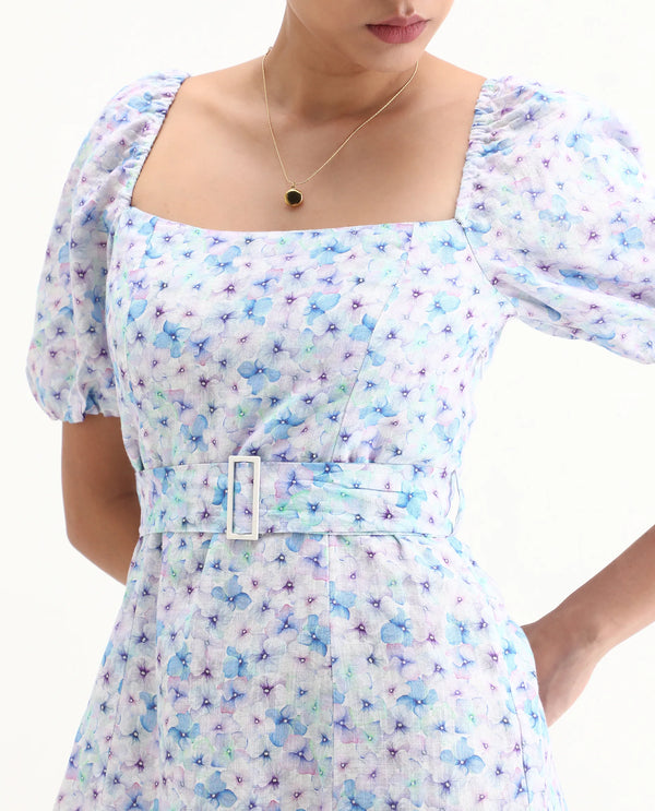 Rareism Women Fisto Purple Printed Square Neck Half Sleeves With Puff Fabric Waist Belt With Buckle Mini Dress