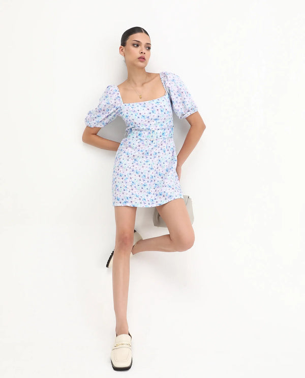 Rareism Women Fisto Purple Printed Square Neck Half Sleeves With Puff Fabric Waist Belt With Buckle Mini Dress