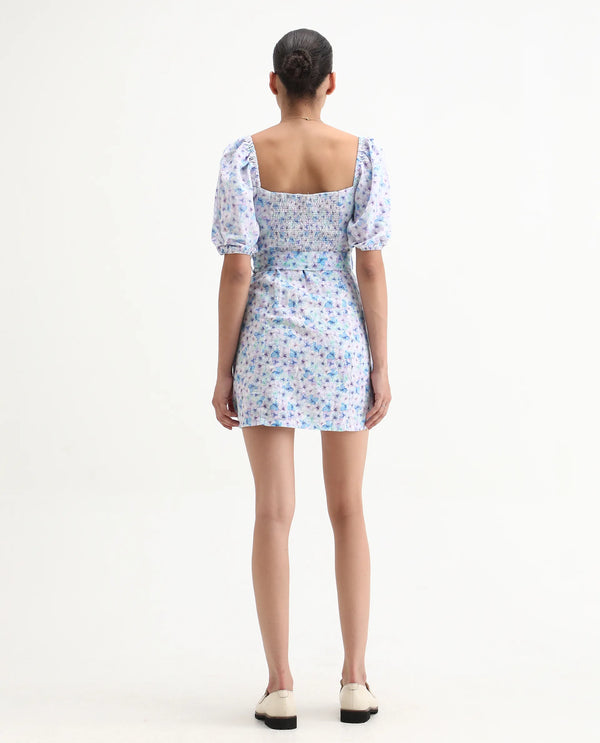 Rareism Women Fisto Purple Printed Square Neck Half Sleeves With Puff Fabric Waist Belt With Buckle Mini Dress