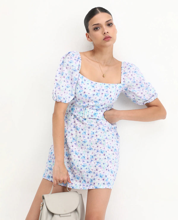 Rareism Women Fisto Purple Printed Square Neck Half Sleeves With Puff Fabric Waist Belt With Buckle Mini Dress