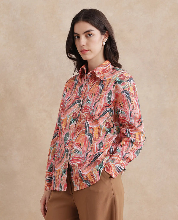 Rareism Women Fitte Multi Cuffed Sleeves Collared Neck Button Closure Abstract Print Shirt