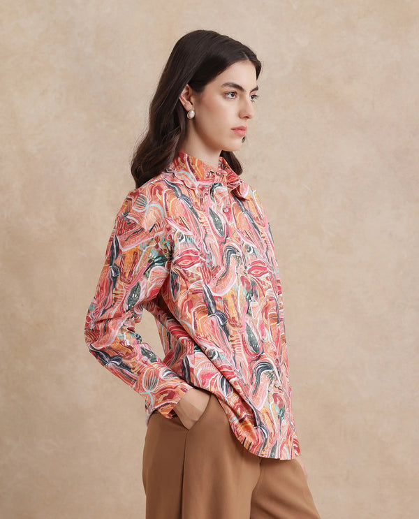 Rareism Women Fitte Multi Cuffed Sleeves Collared Neck Button Closure Abstract Print Shirt