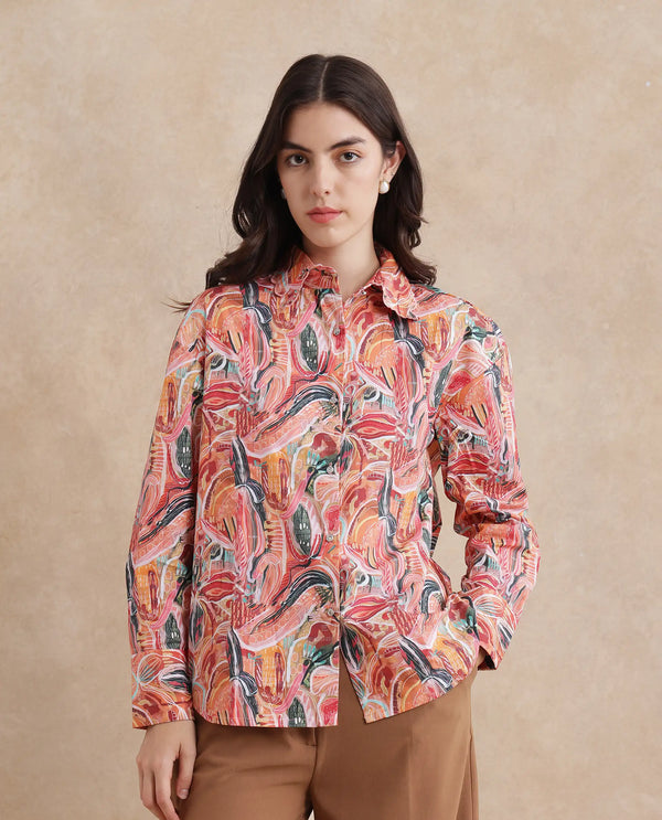Rareism Women Fitte Multi Cuffed Sleeves Collared Neck Button Closure Abstract Print Shirt