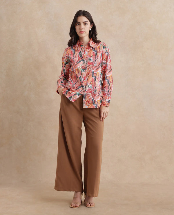 Rareism Women Fitte Multi Cuffed Sleeves Collared Neck Button Closure Abstract Print Shirt