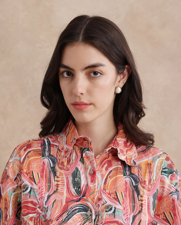 Rareism Women Fitte Multi Cuffed Sleeves Collared Neck Button Closure Abstract Print Shirt