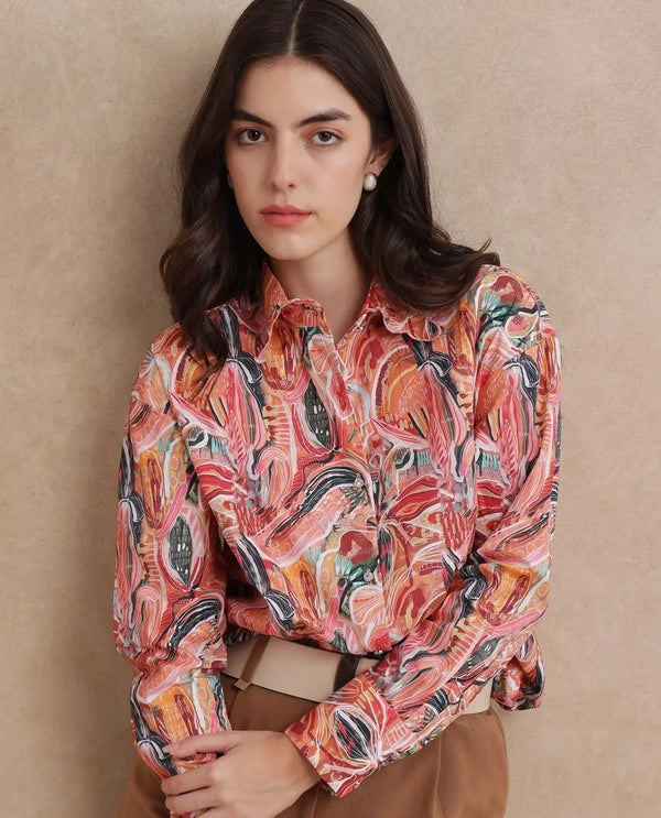 Rareism Women Fitte Multi Cuffed Sleeves Collared Neck Button Closure Abstract Print Shirt