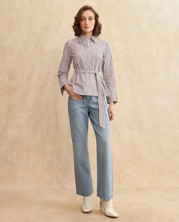 Rareism Women Fitto Rust Cotton Fabric Cuffed Sleeve Collared Neck Button Closure Narrow Stripes Shirt