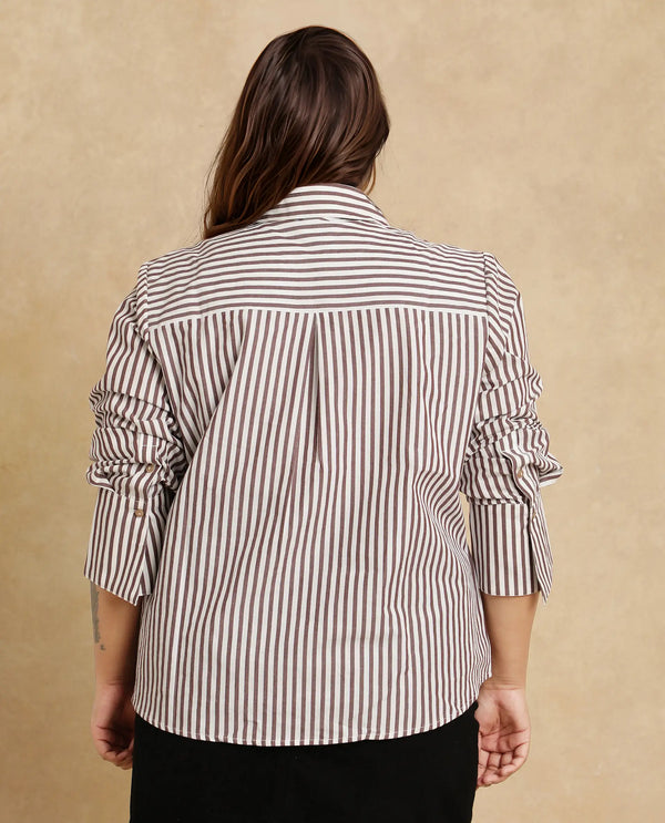 Rareism Women Fitto Rust Cotton Fabric Cuffed Sleeve Collared Neck Button Closure Narrow Stripes Shirt
